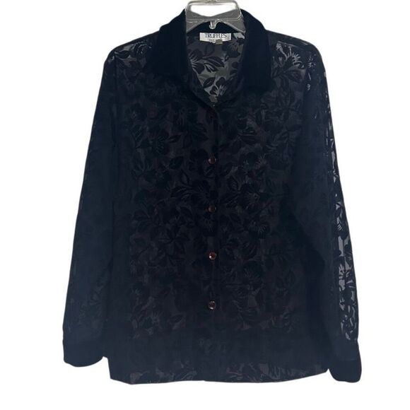 Vintage Truffles Blouse Womens Medium Black Jacquard Velvet Burnout Floral Sheer - Picture 1 of 10